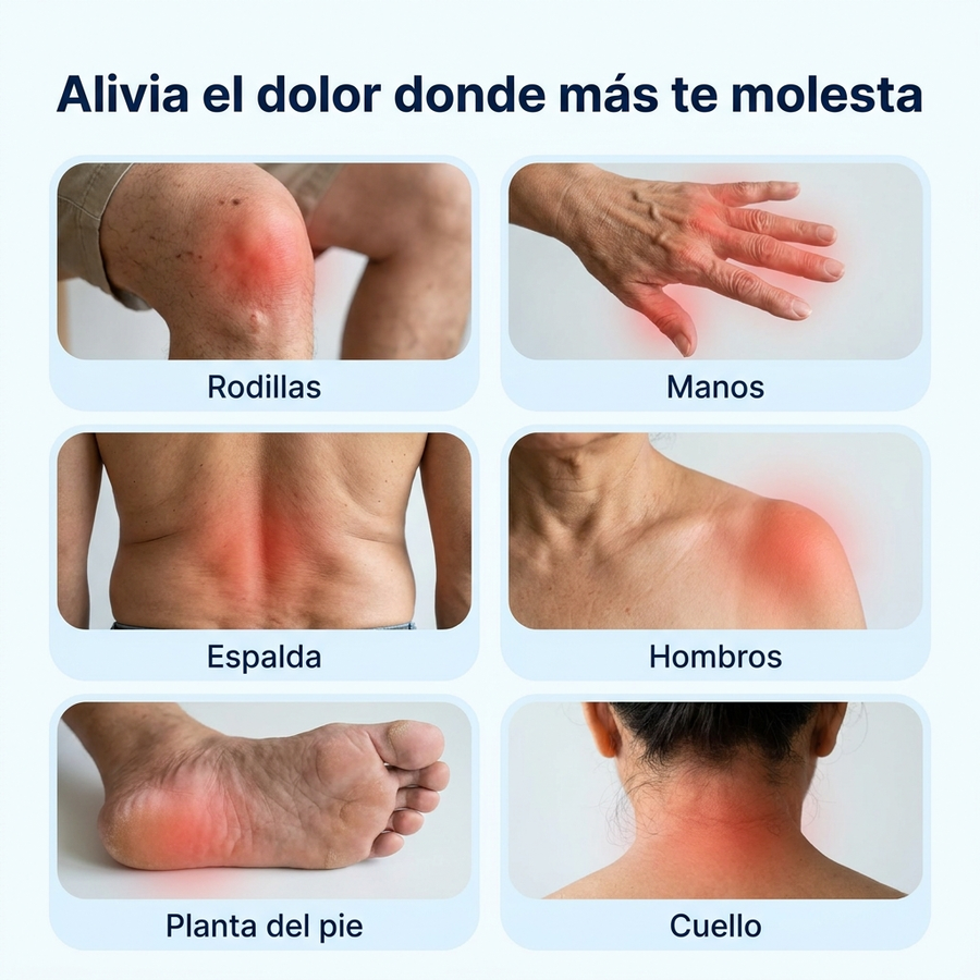 Zonas de dolor: rodillas, manos, espalda, hombros, planta del pie, cuello